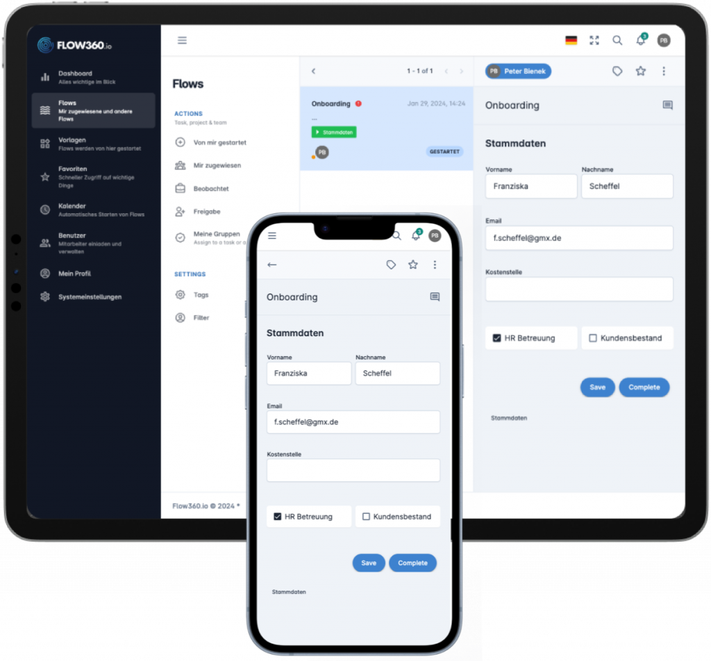 Die Flow360 Software um Prozesse zu digitalisieren wird auf einem Tablet und einem Smartphone gezeigt.