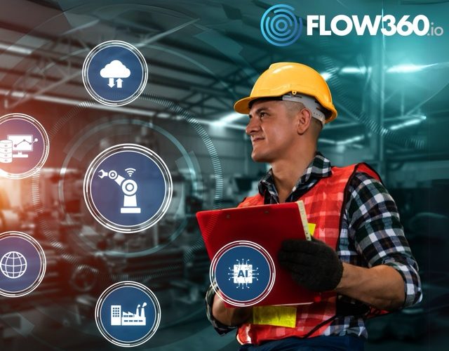 Mann in der Produktion ist umgeben von Symbolen für einen digitalen Workflow