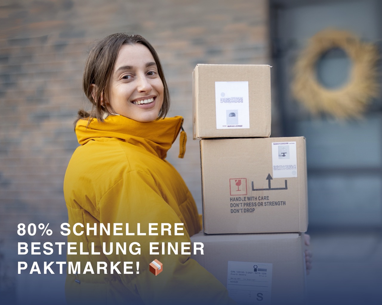 Frau in gelber Jacke trägt mehrere Pakete