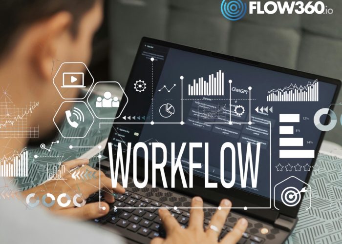 Mann sitzt am Laptop darüber sind verschiedene Symbole aus der Businesswelt und der Schriftzug Workflow zu sehen