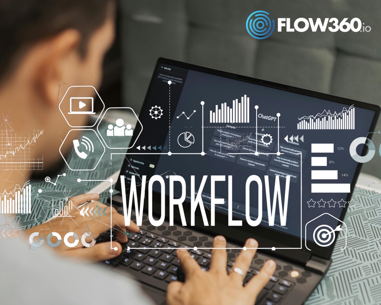 Mann sitzt am Laptop darüber sind verschiedene Symbole aus der Businesswelt und der Schriftzug Workflow zu sehen