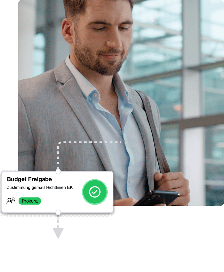 Eine bildliche Darstellung einer Genehmigungskette mit einem "Approval"-Button, um die Freigabe von Workflows, auch von unterwegs (mobil) und die Dokumentation von Verantwortlichkeiten zu visualisieren.