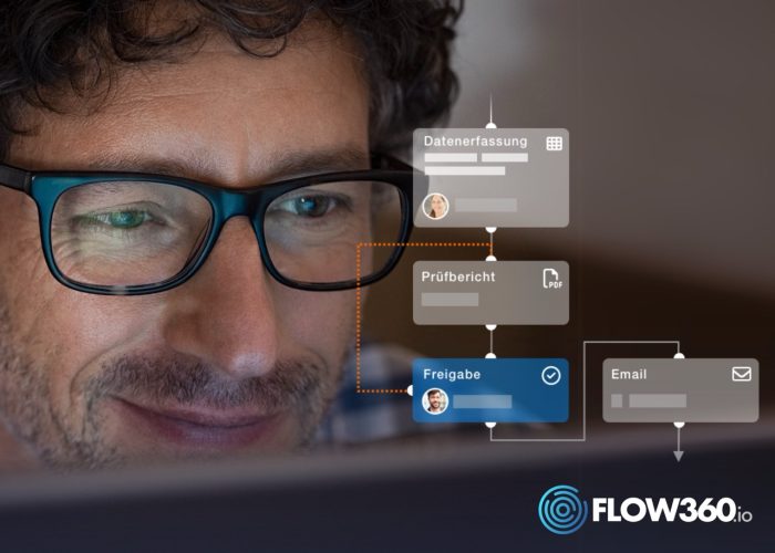 Ein Mann schaut auf den Bildschirm eines Computers im Vordergrund ist ein Workflow abgebildet.