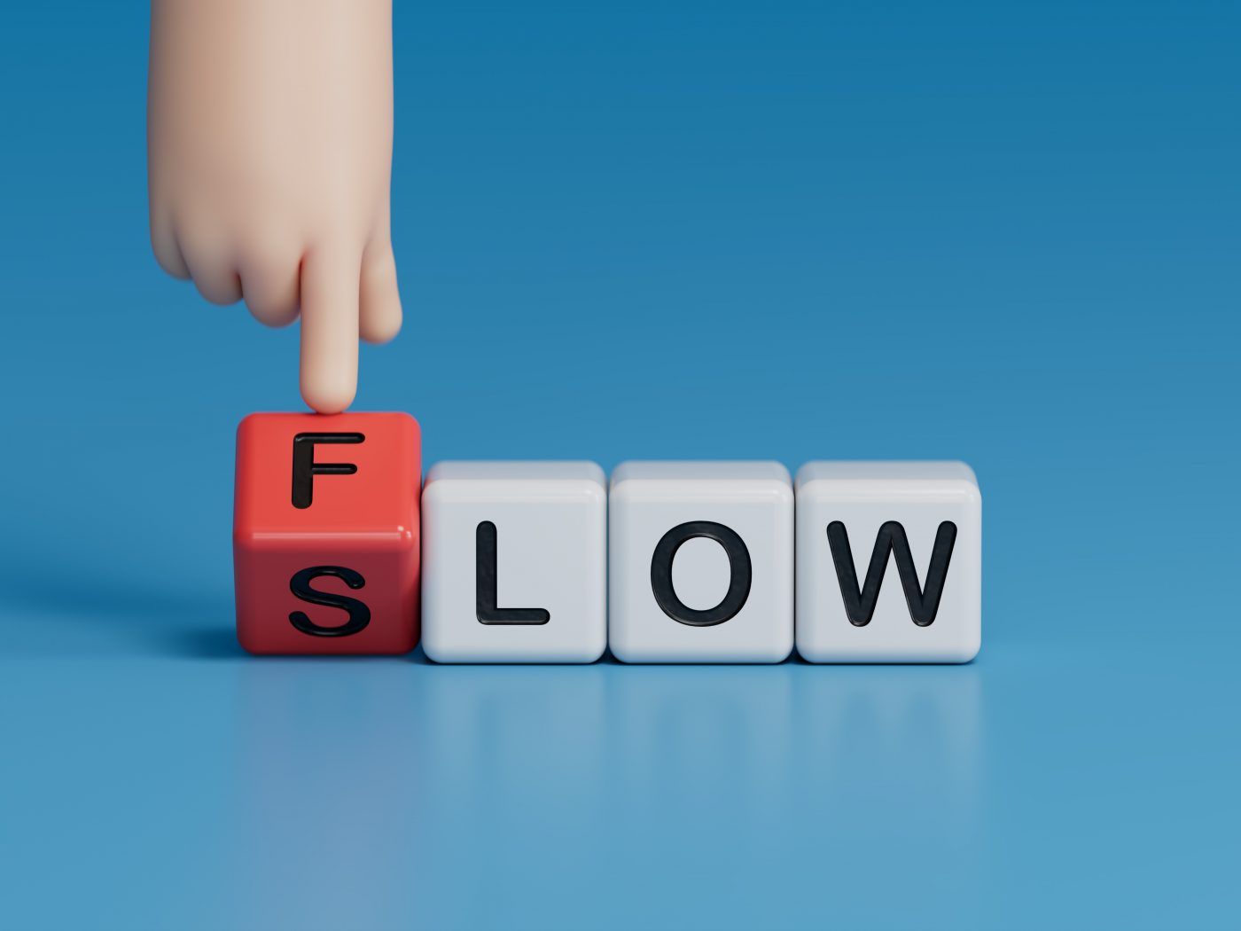 Flow and Slow symbol. Concept words Flow and Slow on wooden cubes. Businessman hand. Business and Flow and Slow concept. Copy space.3D rendering on blue background.