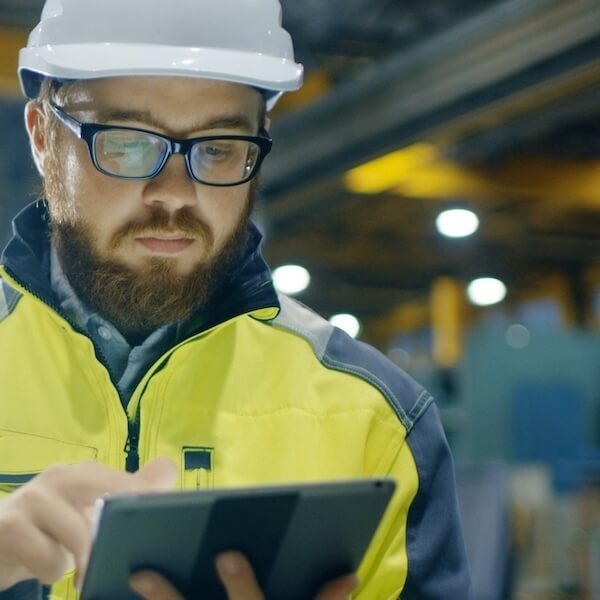 Techniker mit Tablet bei der Arbeit vor Ort, der einen digitalen Arbeitsauftrag oder eine Checkliste in der Flow360-Software ausfüllt.