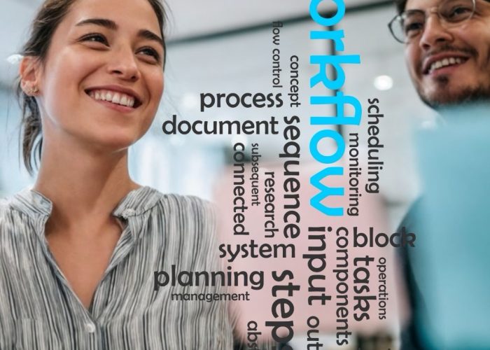 Ein lächelndes, junges Paar im Geschäftsumfeld, eine Frau und ein Mann, steht vor einer unscharfen Oberfläche, auf der in großen, stilisierten Buchstaben das Wort "workflow" in Hellblau und eine Wolke von kleineren, verwandten Begriffen (wie "sequence", "process", "input", "output", "step", "planning", "tasks", "monitoring" und "document") in Schwarz und Weiß schwebt.