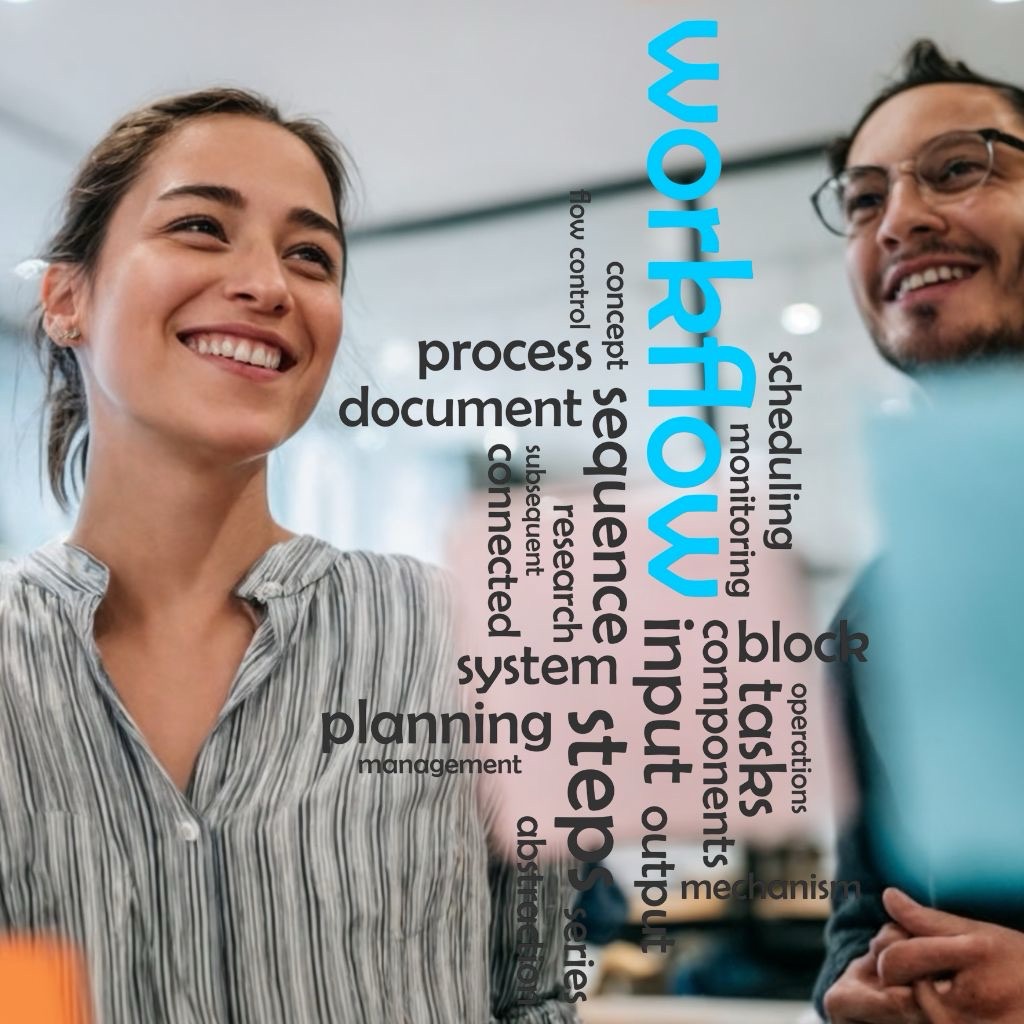 Ein lächelndes, junges Paar im Geschäftsumfeld, eine Frau und ein Mann, steht vor einer unscharfen Oberfläche, auf der in großen, stilisierten Buchstaben das Wort "workflow" in Hellblau und eine Wolke von kleineren, verwandten Begriffen (wie "sequence", "process", "input", "output", "step", "planning", "tasks", "monitoring" und "document") in Schwarz und Weiß schwebt.