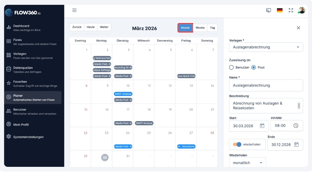 Screen-Shot wie ein Wiederkehrender Geschäftsprozess mit dem Planer automatisiert wird.