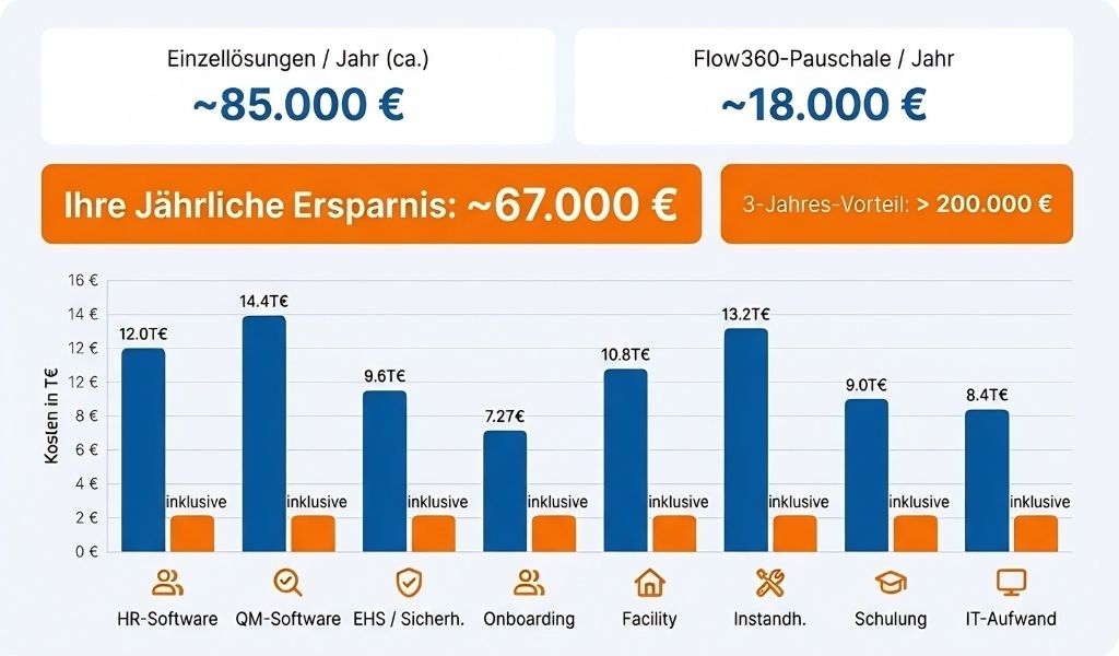 Kostenvergleich: Einzellösungen ca. 85.000 € pro Jahr, Flow360-Pauschale ca. 18.000 € pro Jahr – jährliche Ersparnis ca. 67.000 €, 3-Jahres-Vorteil über 200.000 €