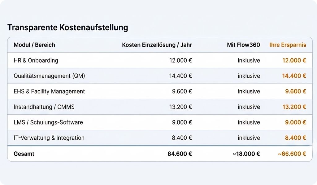 Transparente Kostenaufstellung: HR und Onboarding 12.000 €, QM 14.400 €, EHS und Facility 9.600 €, Instandhaltung 13.200 €, LMS 9.000 €, IT-Verwaltung 8.400 € – Gesamt 84.600 € vs. Flow360 ca. 18.000 €, Ersparnis ca. 66.600 €